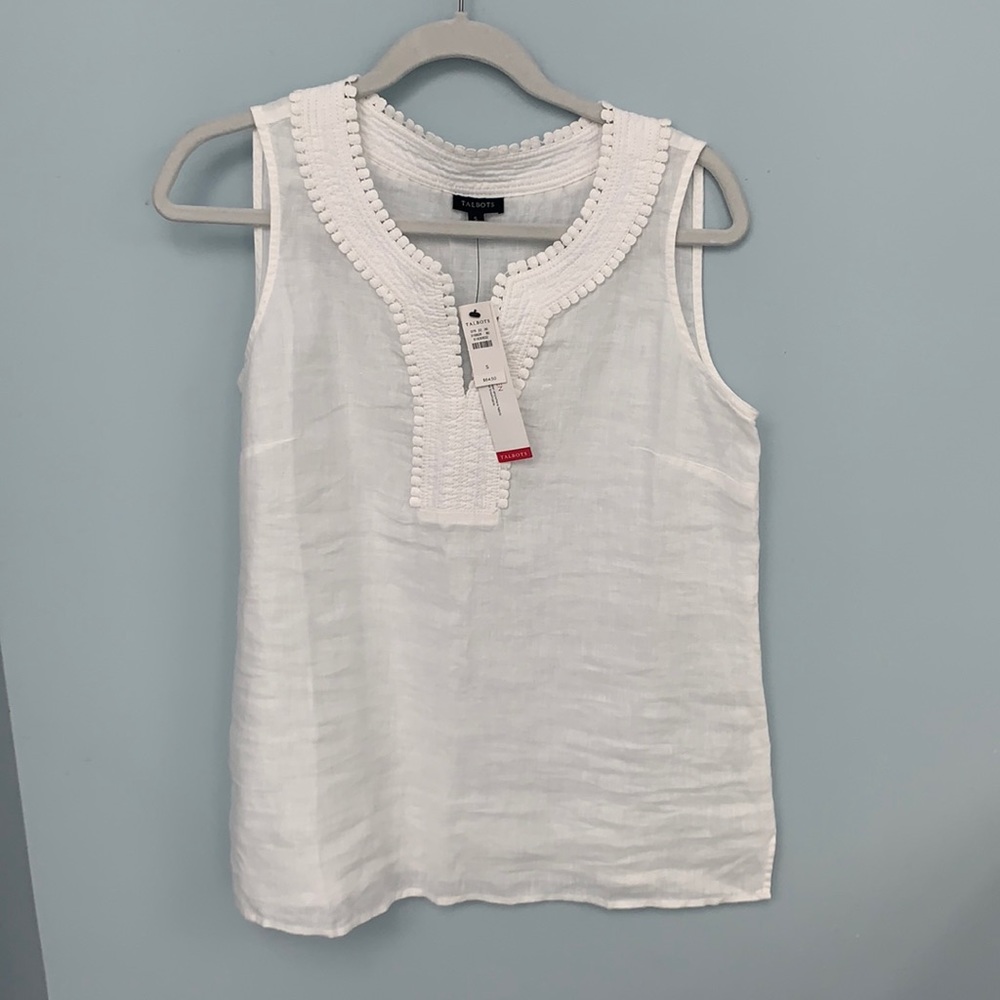 Talbots White Linen sleeveless top with v neck